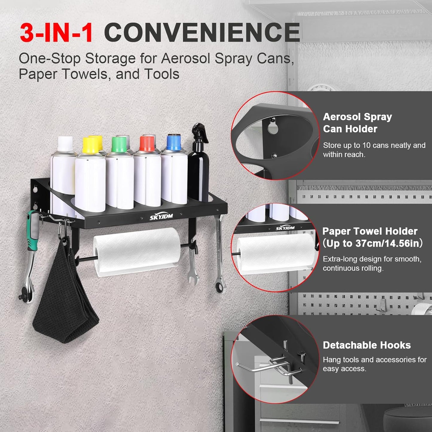 10 Aerosol Spray Can Holder with Paper Towel Holder & 4 Detachable Hooks, Space-Saving Tool Organizer Wall Mount for Garage, Workspace and Tool Room