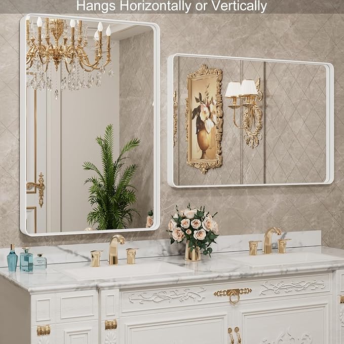 LOAAO 48x36 Inch White Metal Framed Bathroom Mirror - Image 3