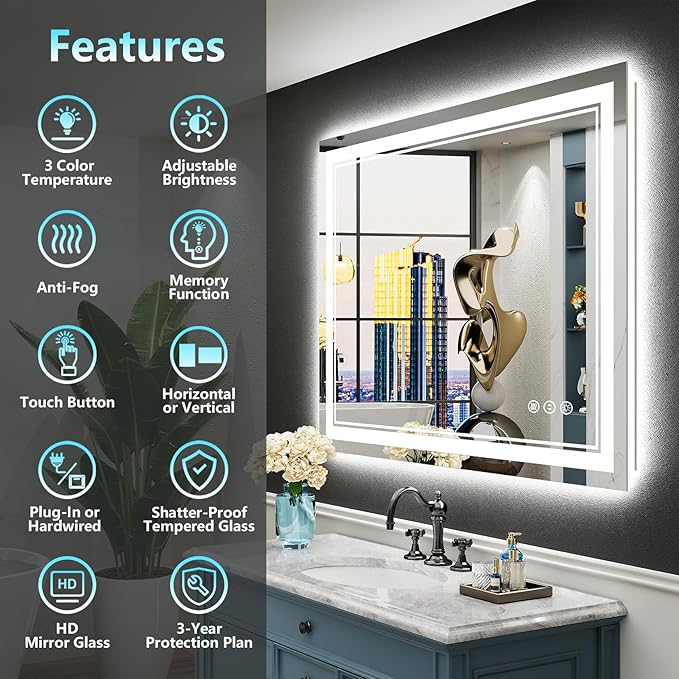 40x36 LED Bathroom Mirror with Lights, Backlit and Front Lit Anti-Fog Lighted - Image 2