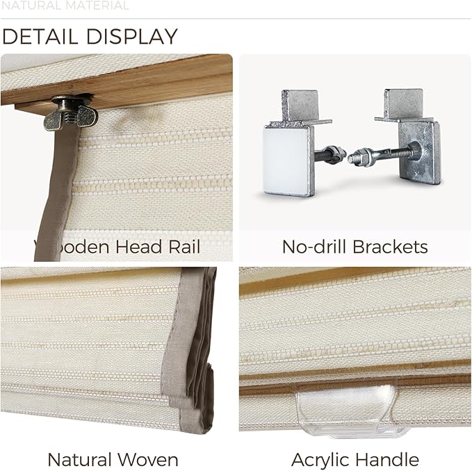 TWOPAGES Natural Woven No Drill Roman Shades, Custom Cordless Blackout Bamboo - Image 5