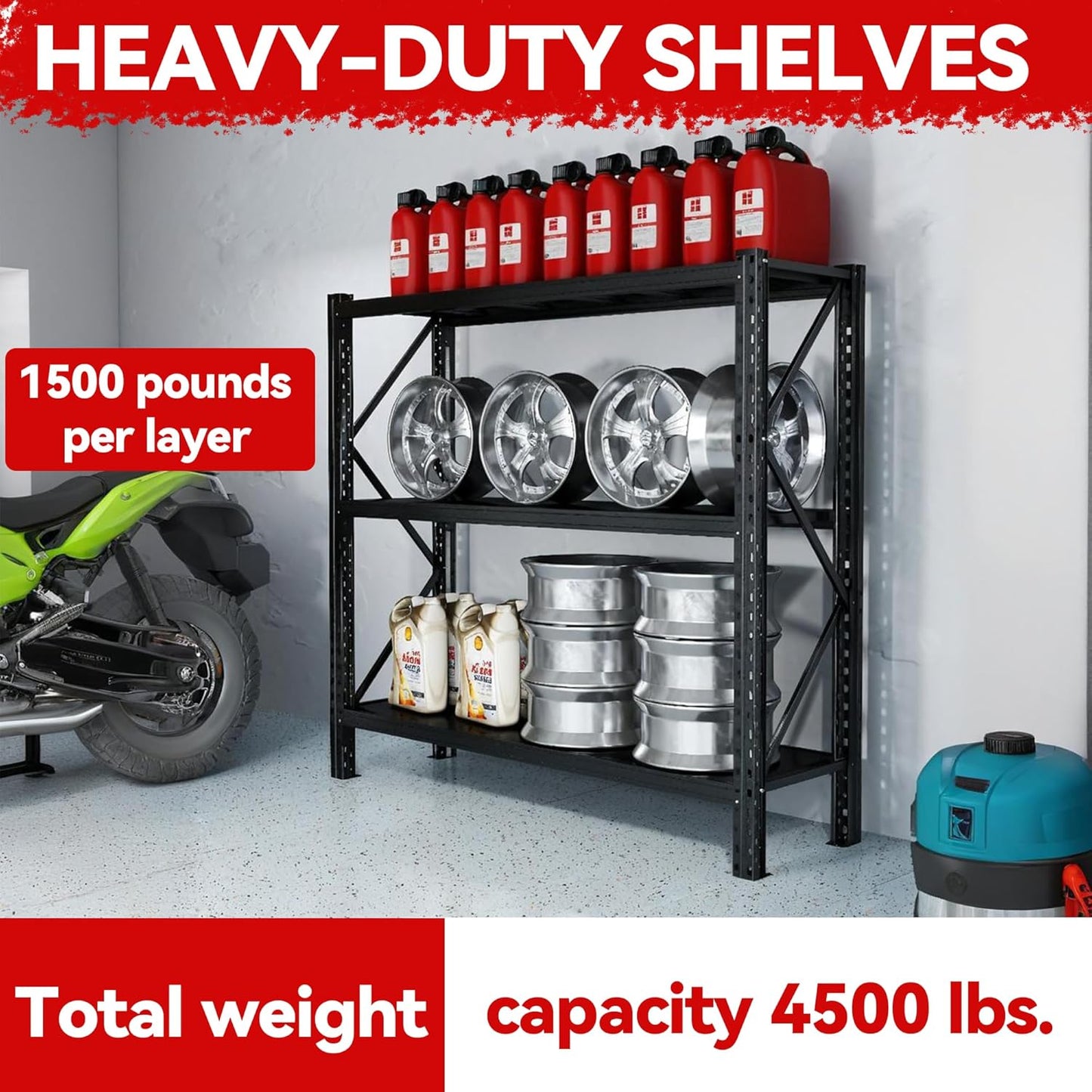 Heavy Duty 5-Tier Metal Shelving Unit with Adjustable Heights - 67" W x 63" H x 19.6" D, 4500 lbs Load Capacity - Industrial Garage Storage Solution for Workshop, Basement, and Home Organization