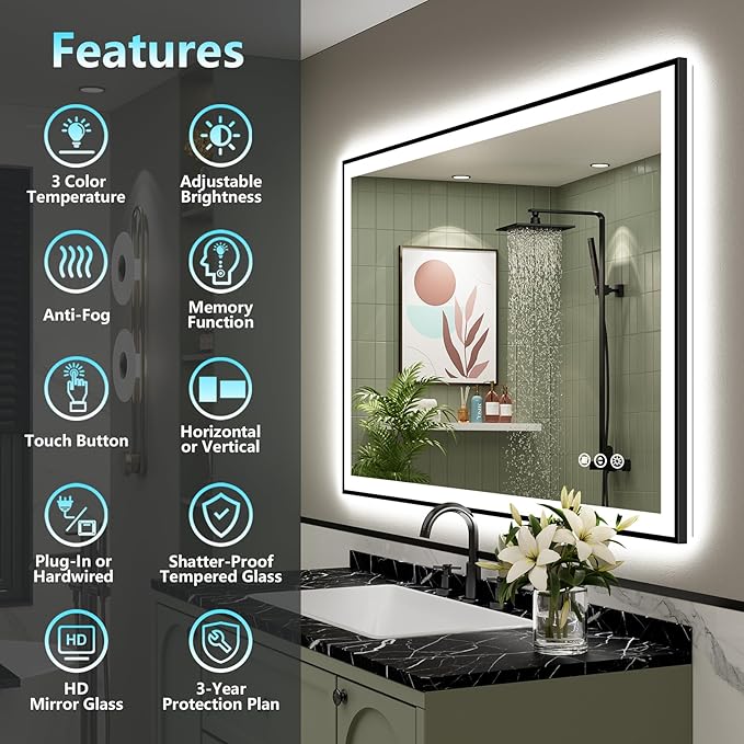 40x38 Black Framed LED Bathroom Mirror - Image 2