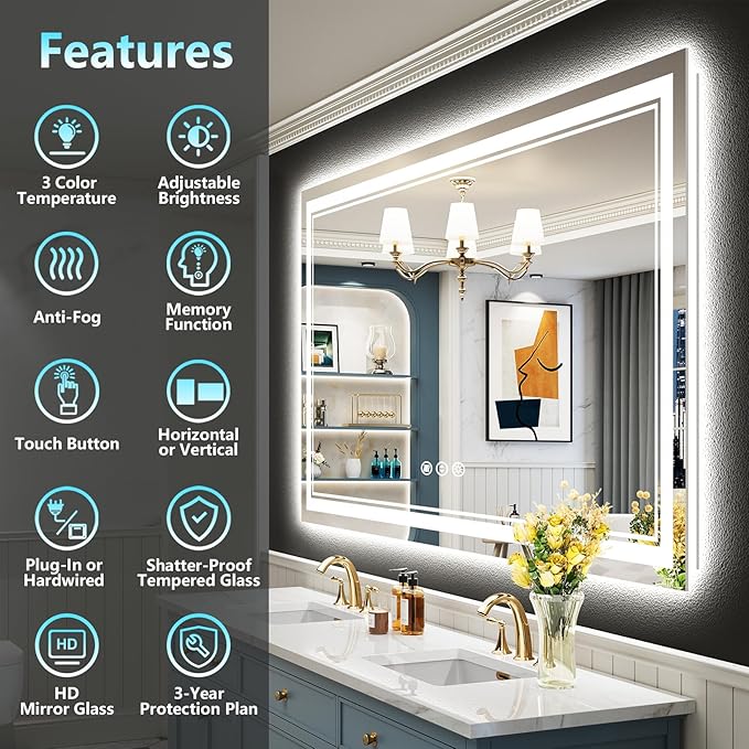 55x36 LED Bathroom Mirror with Lights, Backlit and Front Lit Anti-Fog Lighted - Image 2