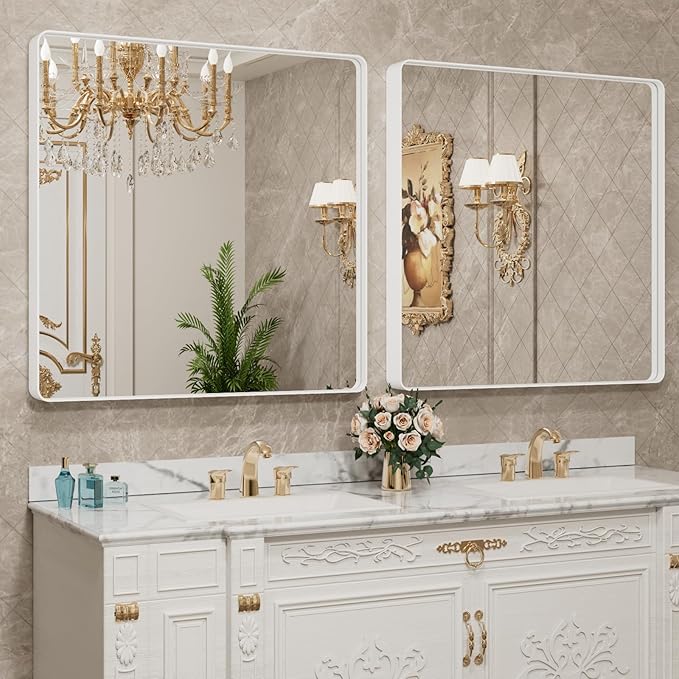 LOAAO 38x38 Inch White Metal Framed Bathroom Mirror - Image 4