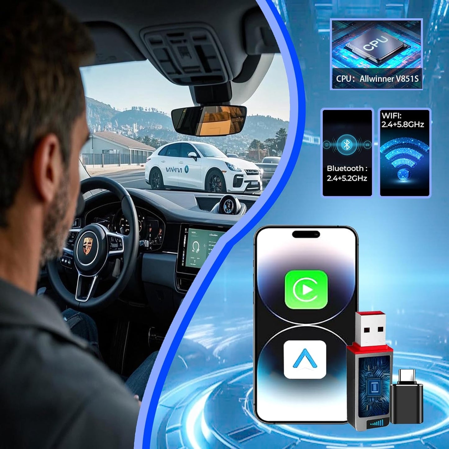 2-in-1 Wireless CarPlay Adapter for iPhone& Android, Convert Wired to Wireless Apple CarPlay Adapter, Mini Size with Extension Cable USB & USB-A/Type-C, Stable Control & No Delay