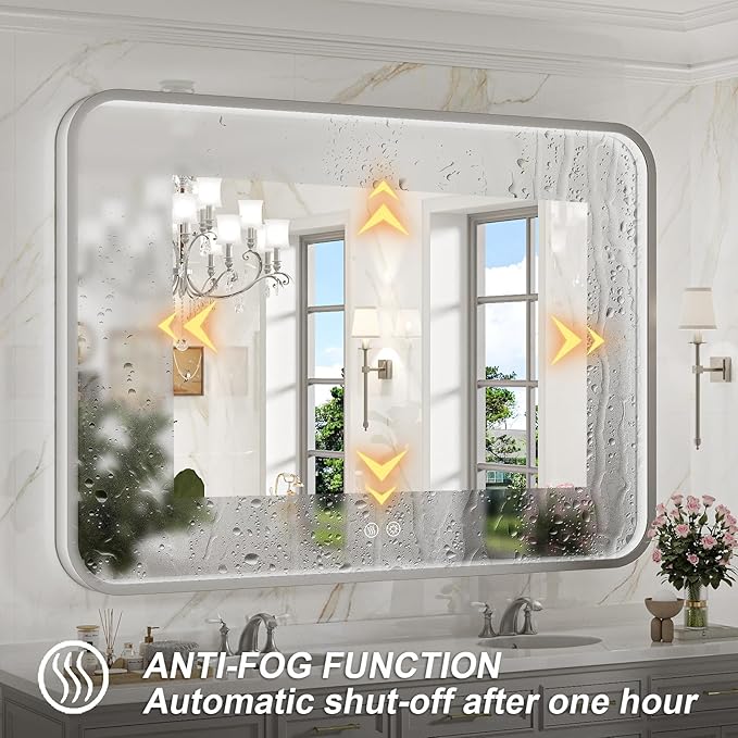 LED Bathroom Mirror with Lights, 43x36 Inch Brushed Silver Framed Lighted - Image 4