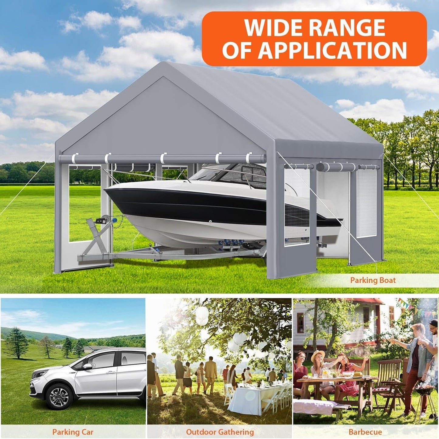 13x20 Ft. Metal Carport Garage with PE Fabric and Galvanized Steel Frame Outdoor Shelter for Cars, Trucks and Boats with 4 Doors and Mesh Windows for Ventilation - Grey