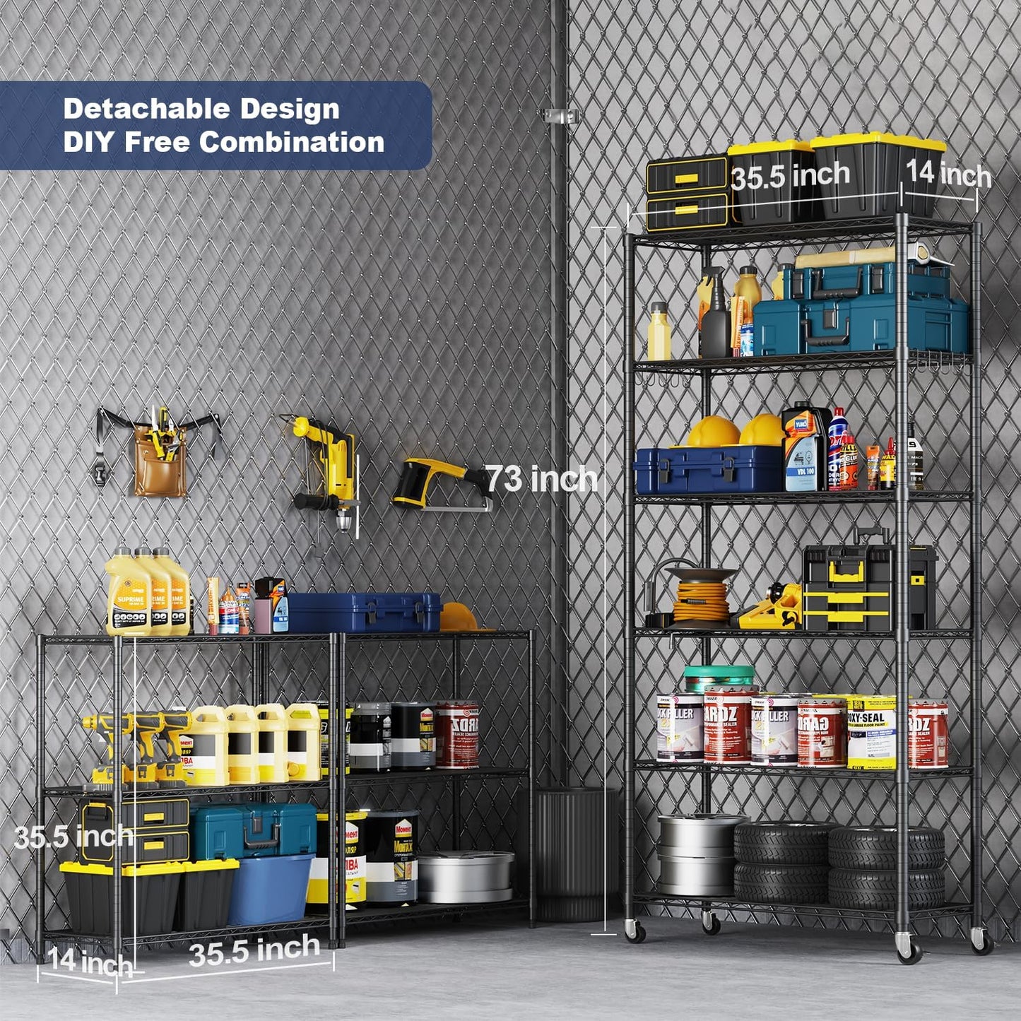 Himix 73''H X 35.5''W X14''D 6 Tier Wire Shelf with Wheels 10 Hooks, Adjustable NSF Wire Shelving Unit Heavy Duty Metal Storage Shelves Free Standing Rack Organization for Pantry,Kitchen,Garage