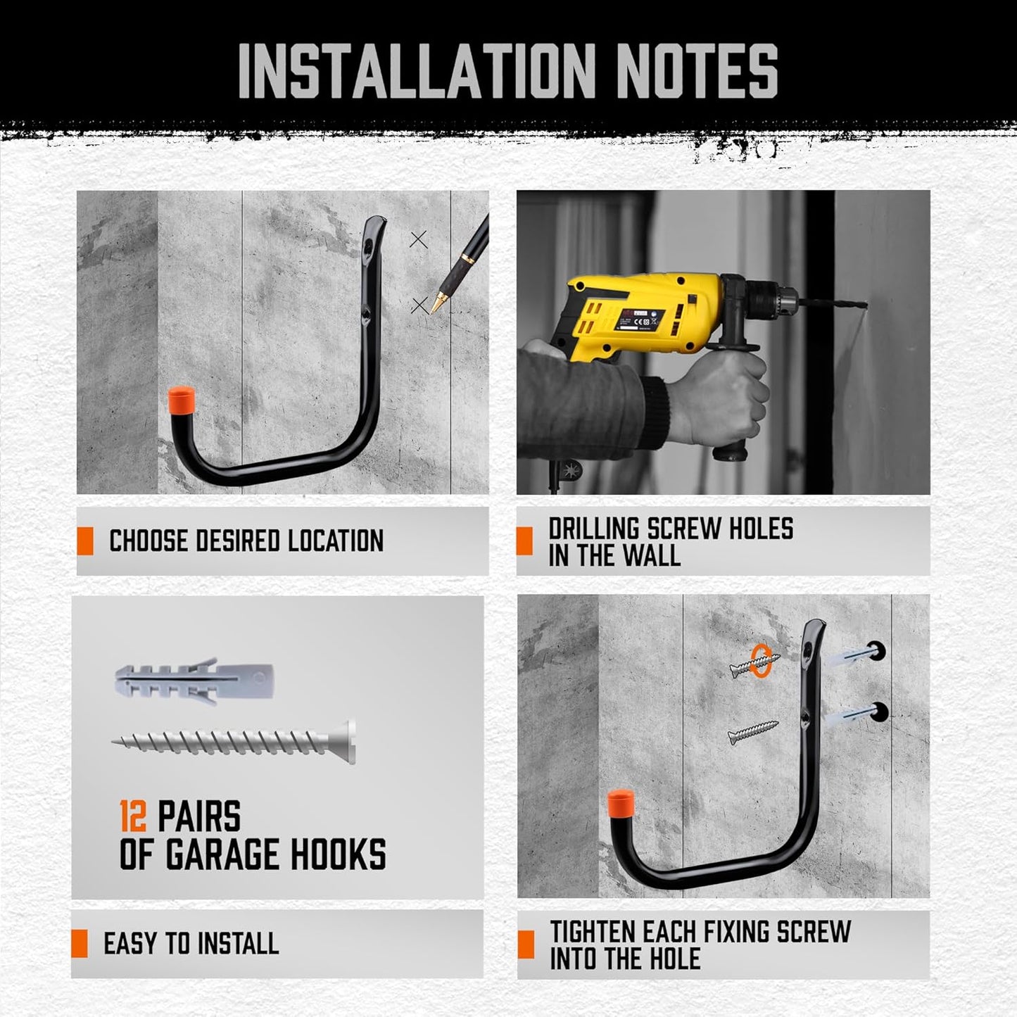 HORUSDY 6 Pack Garage Hooks, 8 inch Utility Hooks, Garage Hooks Heavy Duty Wall Hooks (Black, 8 inch)