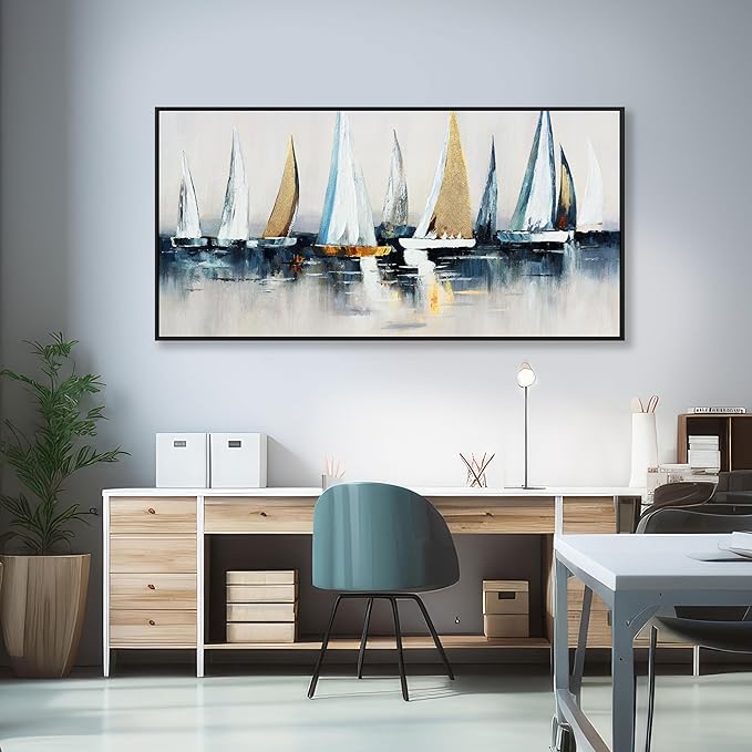 Abstract Wall Art Blue and White Sailboat Wall Paintings Framed Artwork - Image 6