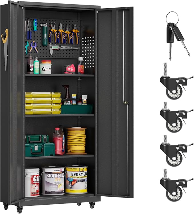 Garage Storage Cabinet with Wheels, Metal Storage Cabinet with 2 Doors and by Yoonkool