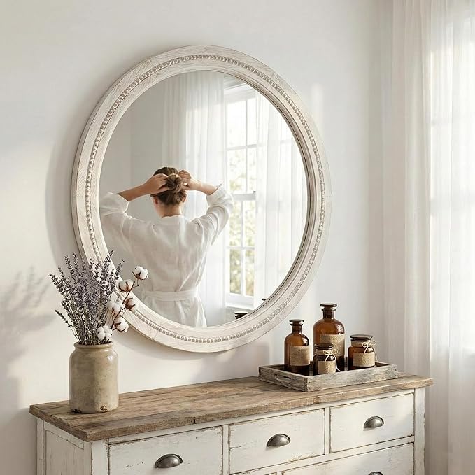 30" White Round Wood Mirror for Bathroom Vanity, Distressed Solid Wood Wall - Image 6