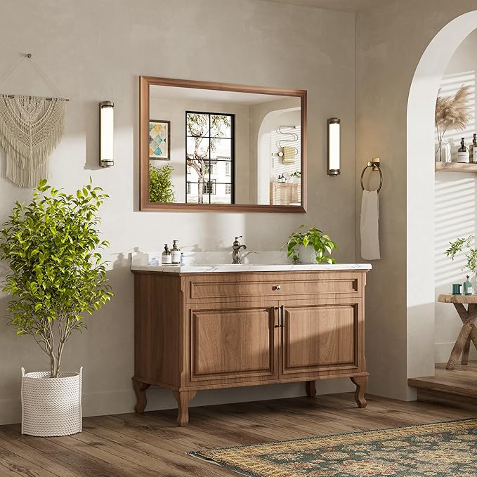 48x32 Inch Bathroom Mirror for Wall, Anti-Rust Walnut Wood Grain Metal Framed - Image 3