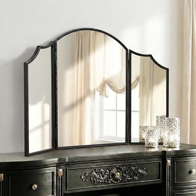 Besdomus Black Scalloped Dresser Mirror: 36"x24" Large Modern 3 Way Trifold by Besdomus