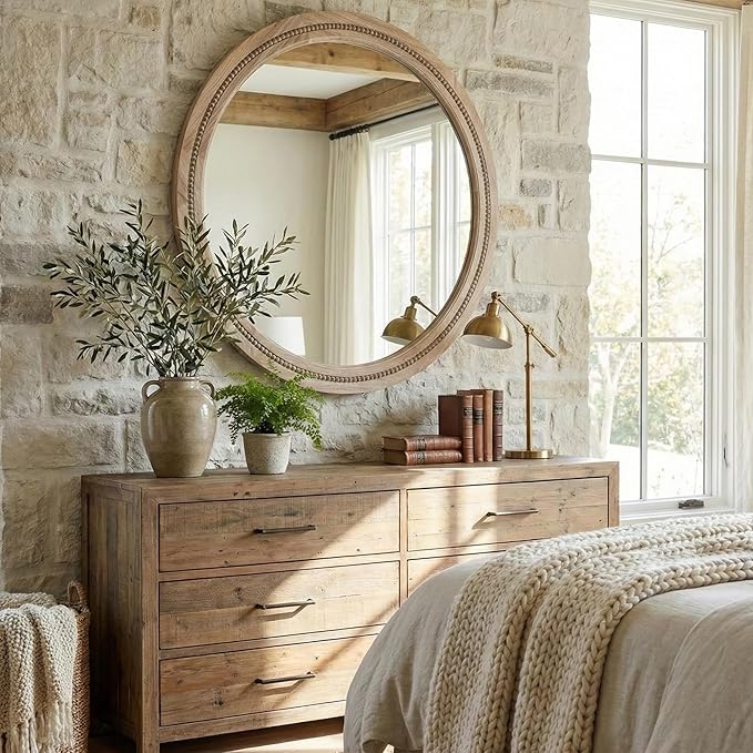 36" Large Round Wood Mirror for Living Room Fireplace, Big Solid Wood Wall - Image 6