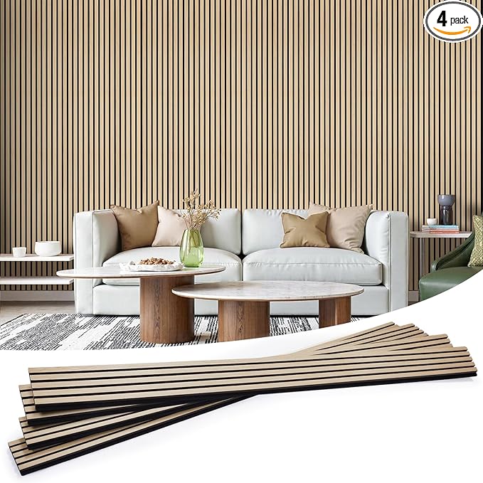 Wood Slat Wall Panels 4 Pack 94.5" x 7.9", Acoustic Wooden Panel by LARWORKS