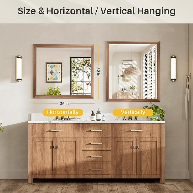 36x32 Inch Bathroom Mirror for Wall, Anti-Rust Walnut Wood Grain Metal Framed - Image 7