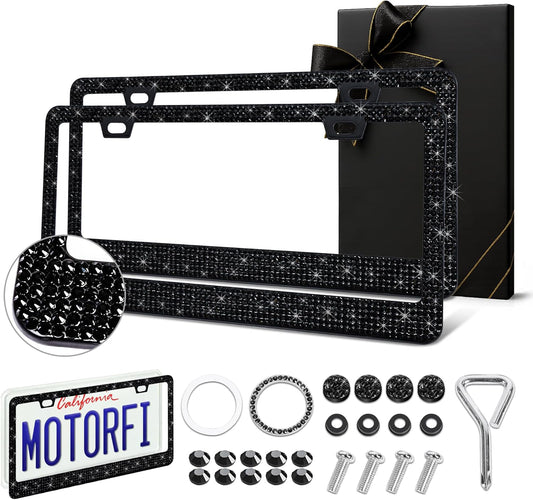2 Pack Black Bling License Plate Frames for Women - Stainless Steel with Diamond Sparkly Rhinestone License Plate Holders - Perfect Birthday for Auto Lovers