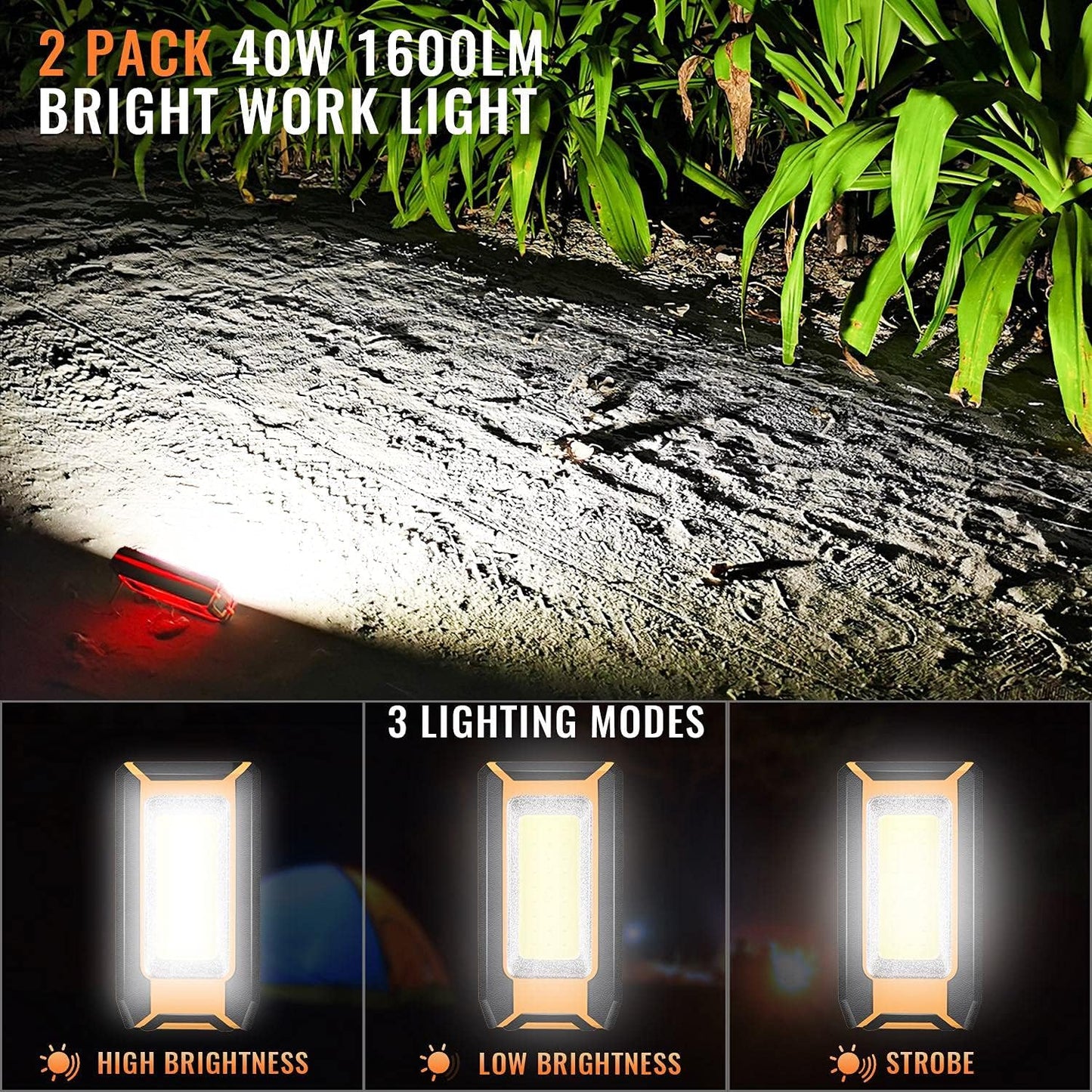2 Pack 40W 1600LM LED Work Light, Rechargeable Portable Magnetic Flood Lights for Outdoor Camping Emergency Car Repairing and Waterproof Job Site Lighting