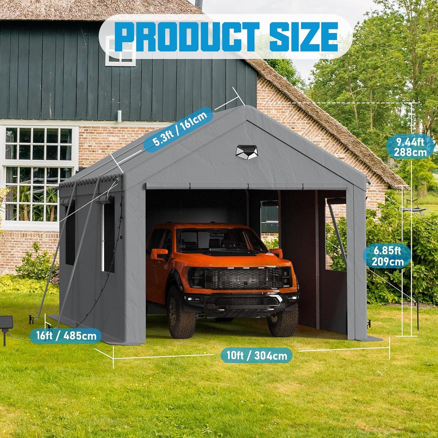 10x16 Carport, Heavy Duty Carport Canopy Garage with Removable Sidewalls and Drive Through Roll Up Zipper Doors, Grey