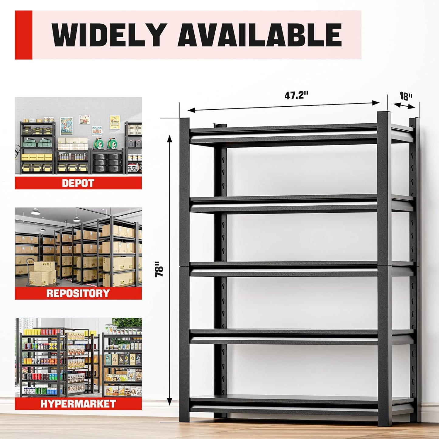 Heavy Duty Metal Garage Shelving Unit, Adjustable Steel Storage Racks, 5-Tier Utility Shelves, Industrial Warehouse Shelving for Garage Storage Solutions 18" D x48 W x78 H（5 pcs）