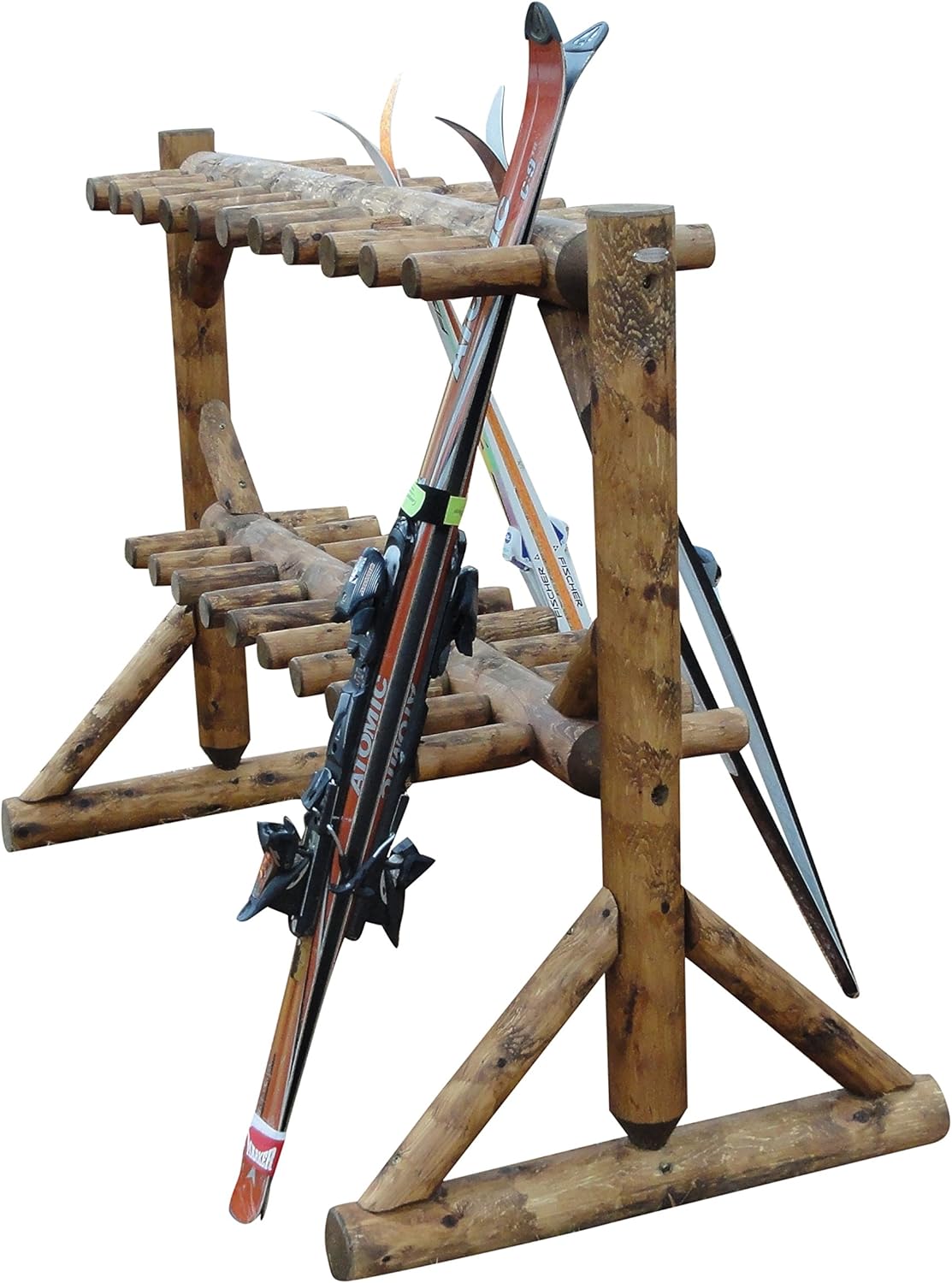 17-Place Freestanding Log Ski Rack Holder, Indoor & Outdoor Snowboard Racks, Standing Storage, Garage Racks for Snow Skis, Durable Snowboard Rack Garage Storage Organizer- Canyon Brown+ 15" Anchor Kit