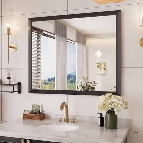Amorho Bathroom Mirror Black, 44x36 Inch Thick Metal Framed Wall Mirrors by Amorho