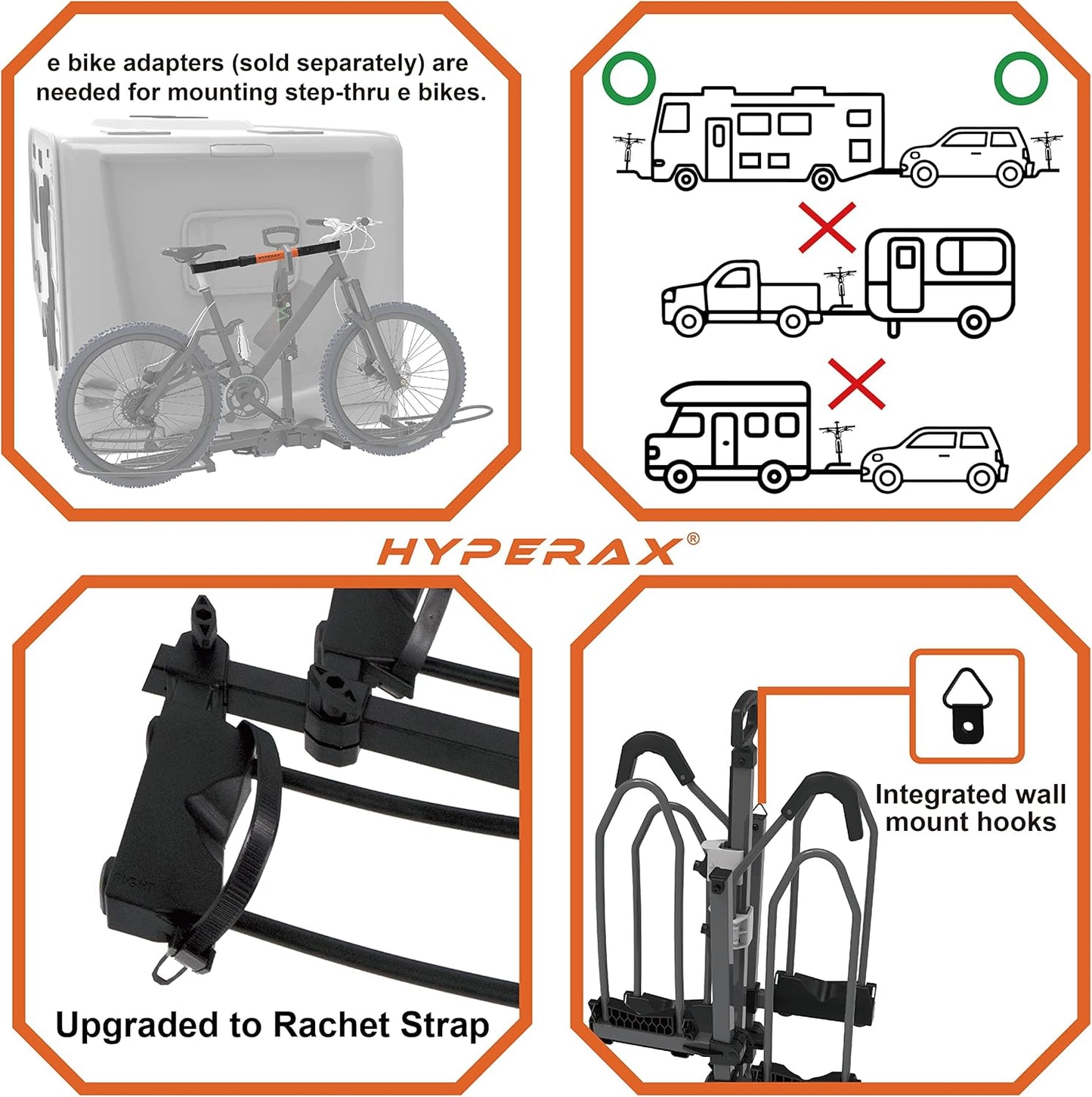 HYPERAX 2023 Volt RV -RV Approved Hitch Mounted 2 E Bike Rack Carrier for RV,Camper,Motorhome,Trailer,Toad with 2" Tow Hitch Receivers - Up to 2X 80lbs eBikes with Up to 5" Fat Tires