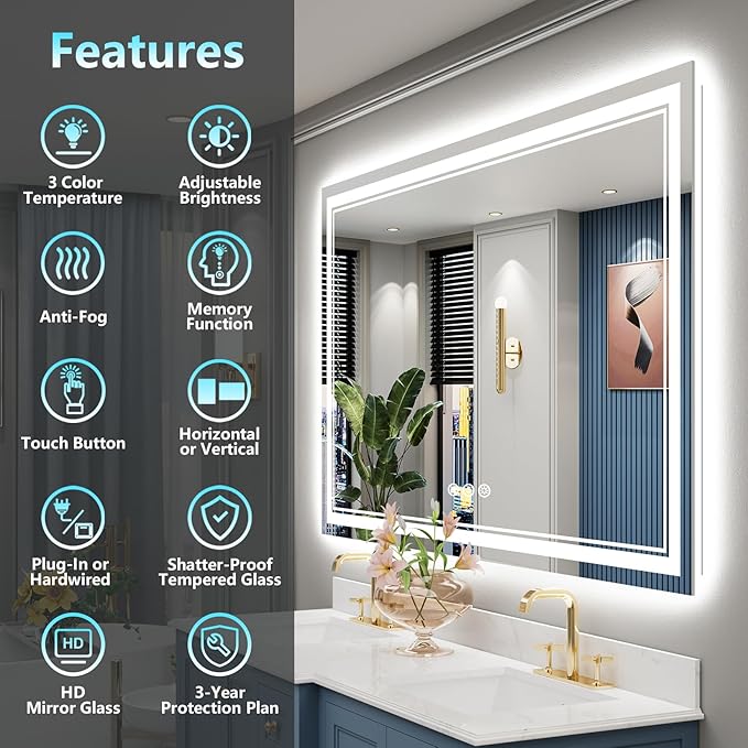 60x30 LED Bathroom Mirror with Lights, Backlit and Front Lit Anti-Fog Lighted - Image 2