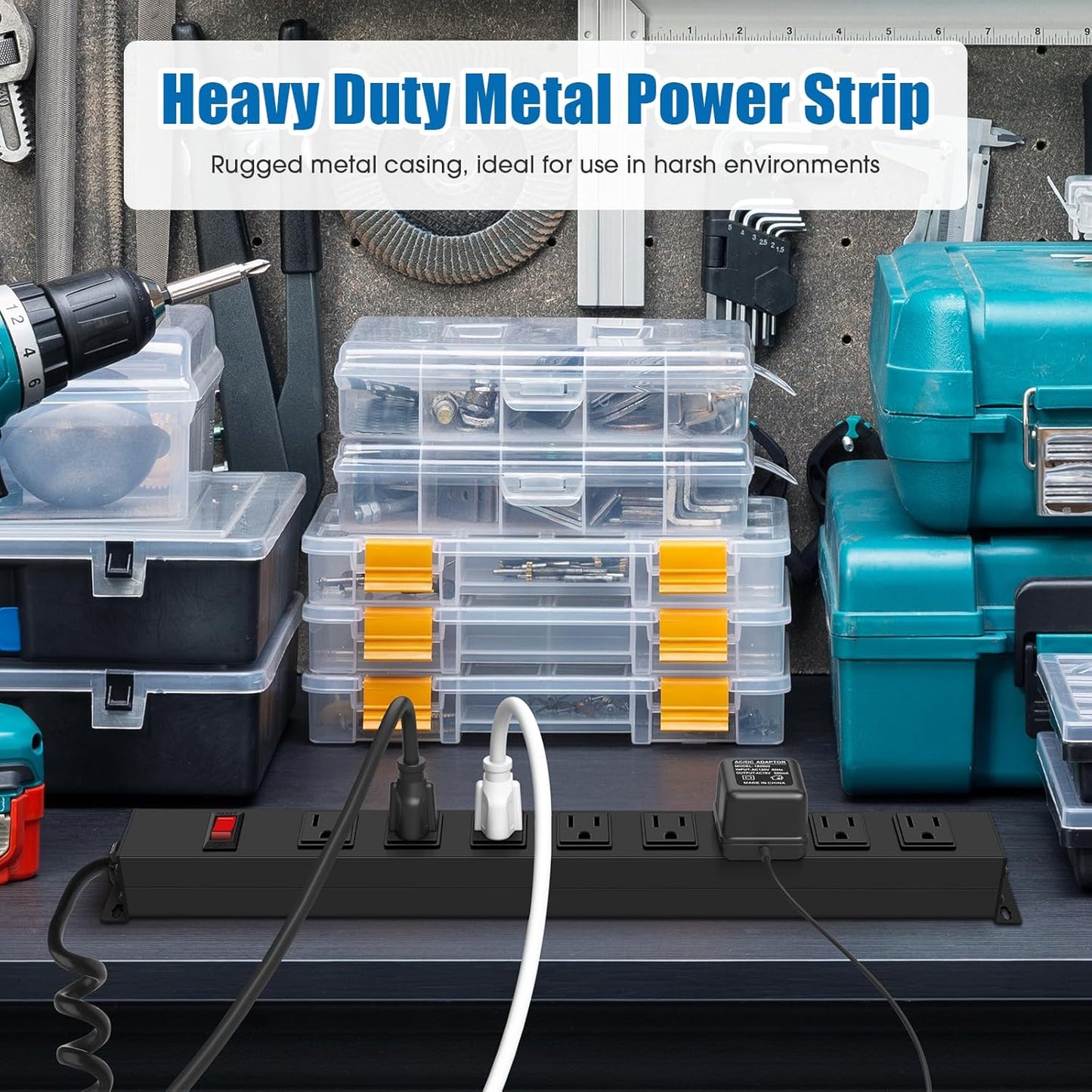 HHSOET 8 Outlet Metal Wall Mount Power Strip, Mountable Outlet with Switch, Heavy Duty Wide Spaced Surge Protector, 4 FT SJT 14AWG Black Spring Cord.