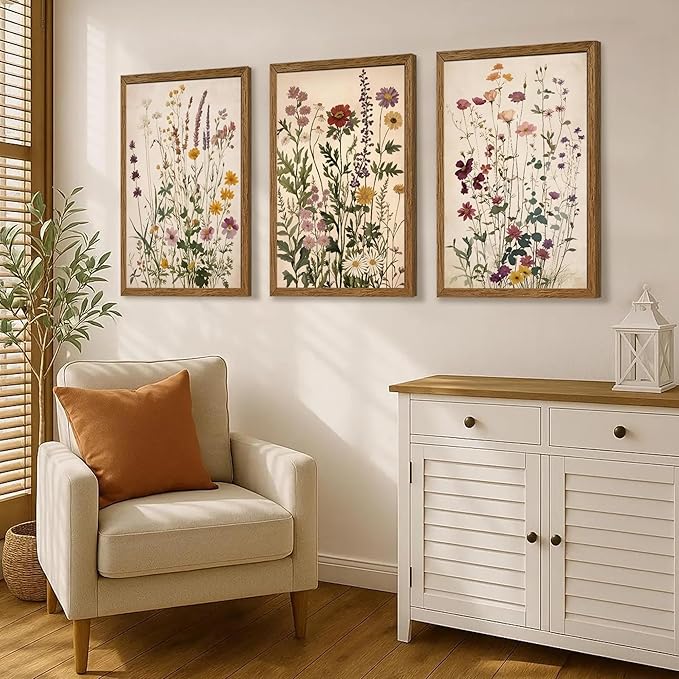 WRFON Botanical and Flower Canvas Wall Art, Framed Wildflower Wall Art Set of 3 - Image 4