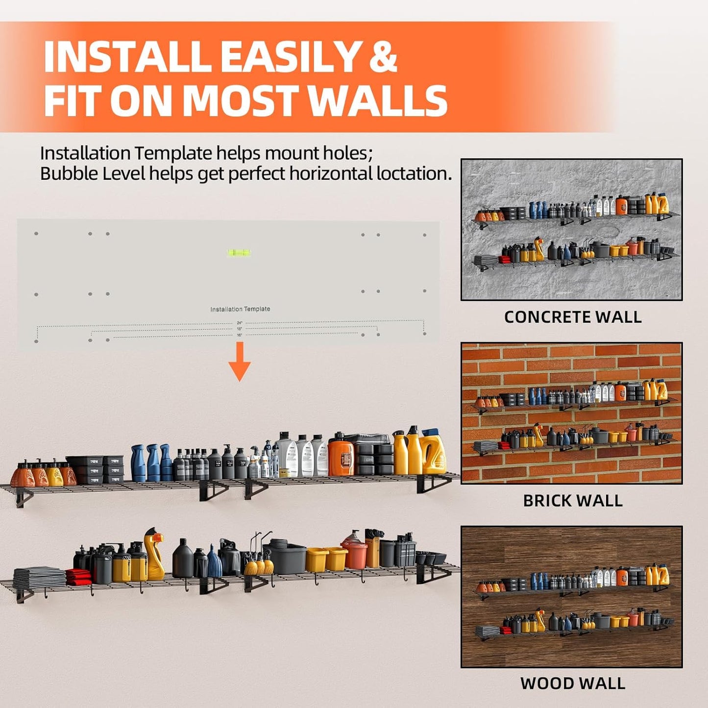 2-Pack 2x6ft Garage Wall Shelf, 72 inch Floating Shelf with 8 Bike Hooks, 1200 lbs Load Capacity Storage Shelves, Heavy Duty Metal Wall Mounted Shelves for Kitchen Laundry Workplace