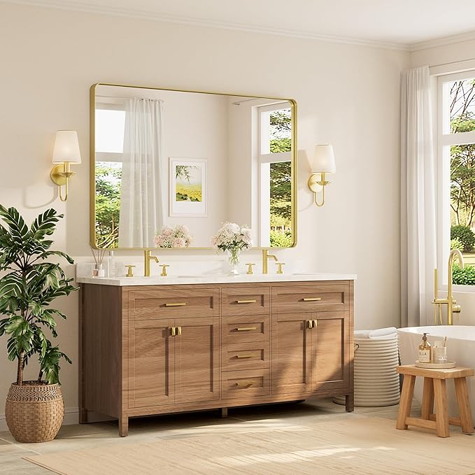 TETOTE 60 x 40 Inch Brushed Gold Frame Mirror, Brass Bathroom Vanity Mirror - Image 2