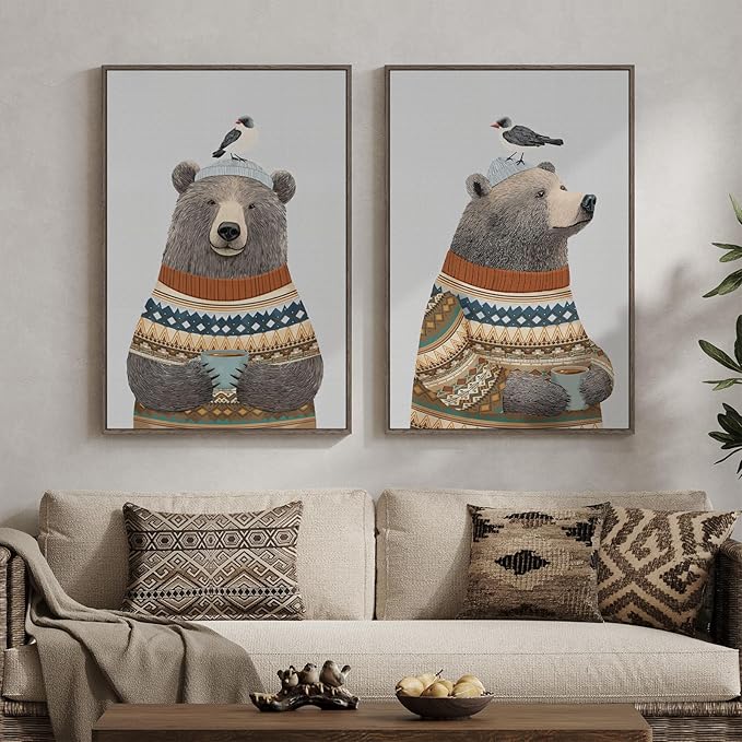 Framed Boho Animal Wall art for Nursery Decor, 2 Piece Rustic Bird Bear Canvas by Cuspin