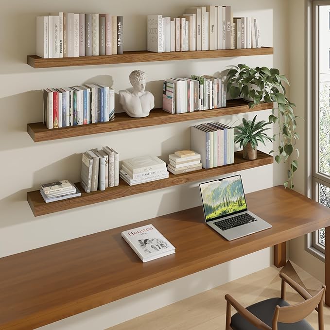 ROGMARS 60Inches Long Walnut Floating Shelves, Rustic Solid Wood Farmhouse Wall - Image 3