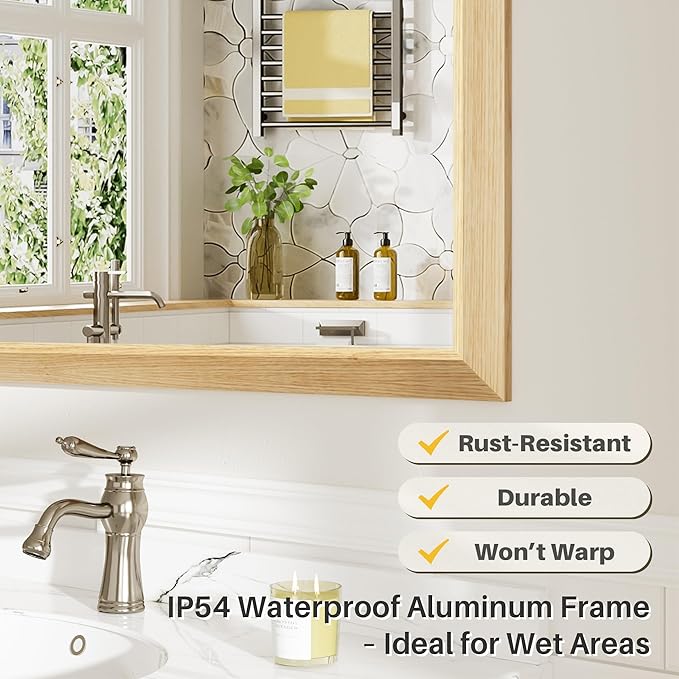 40x32 Inch Bathroom Mirror for Wall, Anti-Rust Oak Wood Grain Metal Framed - Image 4