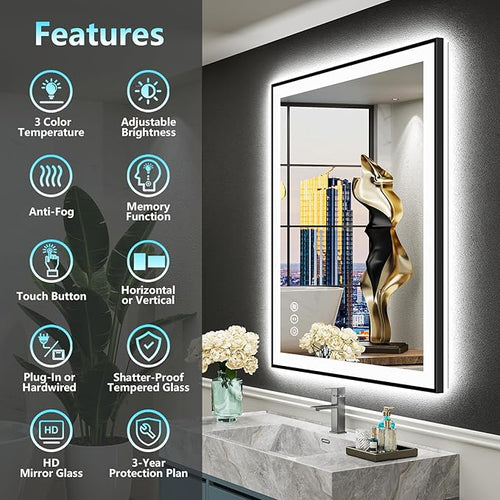28x32 Black Framed LED Bathroom Mirror - Image 2