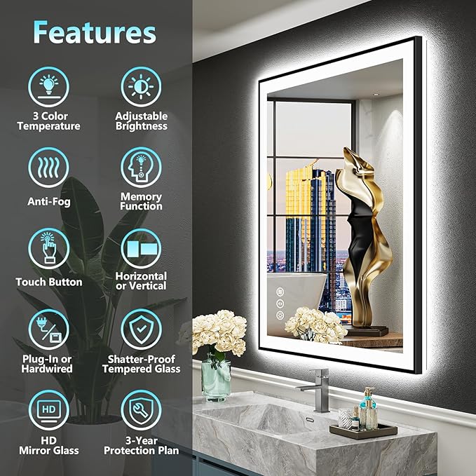 28x36 Black Framed LED Bathroom Mirror - Image 2