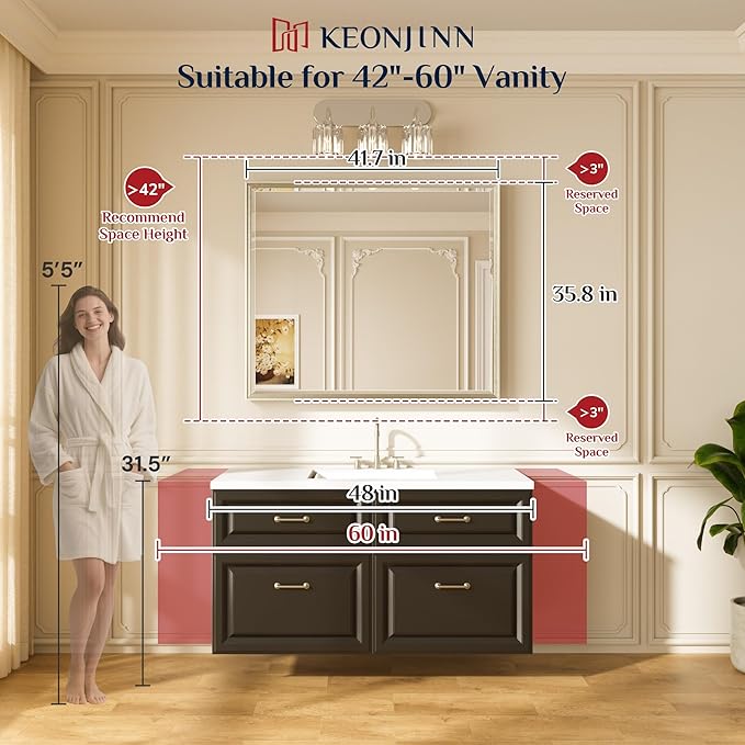 Keonjinn 42" x 36" Black Bathroom Vanity Mirror, Brushed Black Metal Framed - Image 2