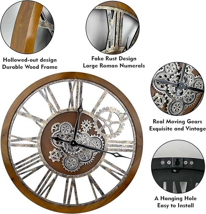 The B-Style Large Real Moving Gears Wall Clock 30 inch Rustic Retro Industrial - Image 2