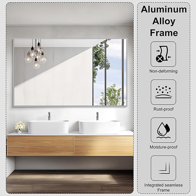 KOCUUY Silver Bathroom Mirror, HD Tempered Glass, Anti-Rust Brushed Silver Frame - Image 7