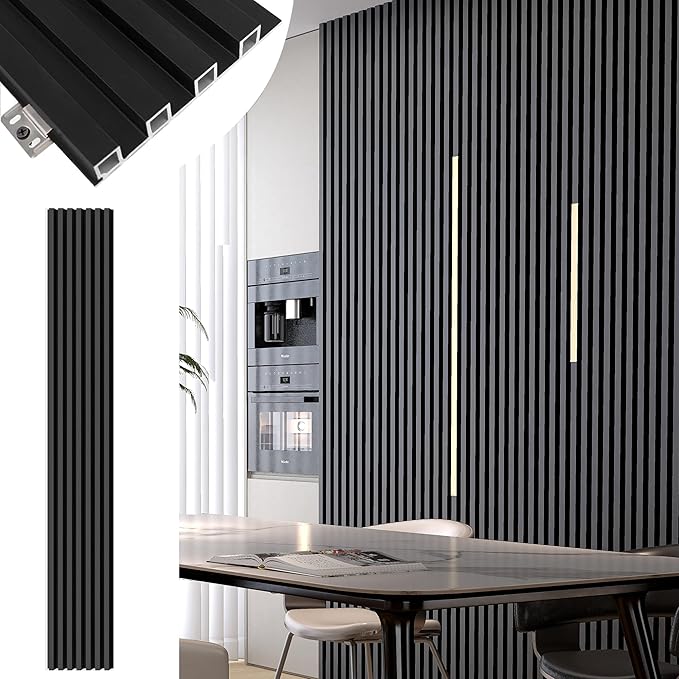 Wood Slat Wall Panels 8 Pack 96x6.3in Modern Black WPC Panels by Monivi