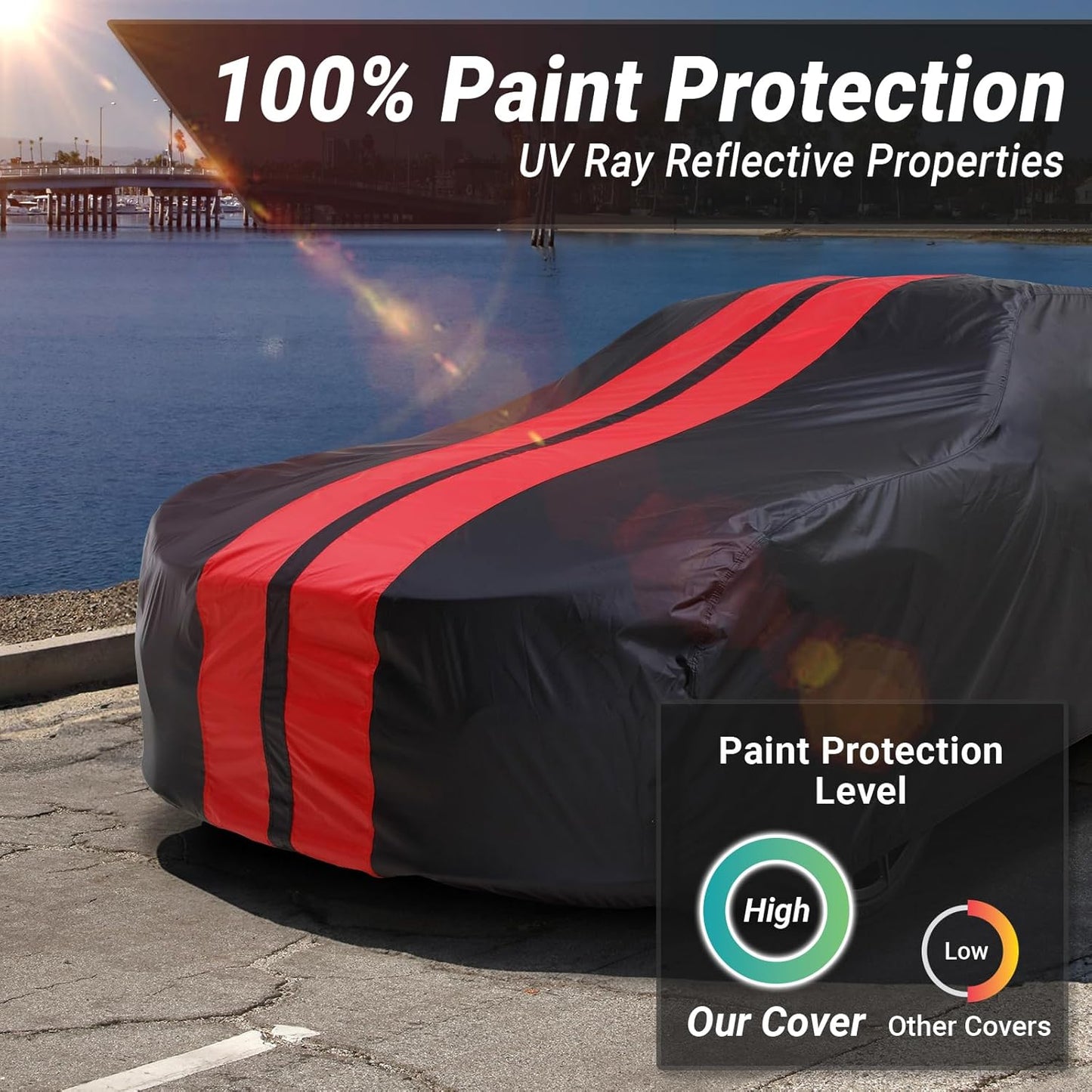 iCarCover Custom Car Cover for Chevy 150, 210 2-Door, 4-Door (1957) Waterproof All-Weather Rain Snow UV Sun Protector Full Exterior Indoor Outdoor Car Cover (Stripe - Black/Red)