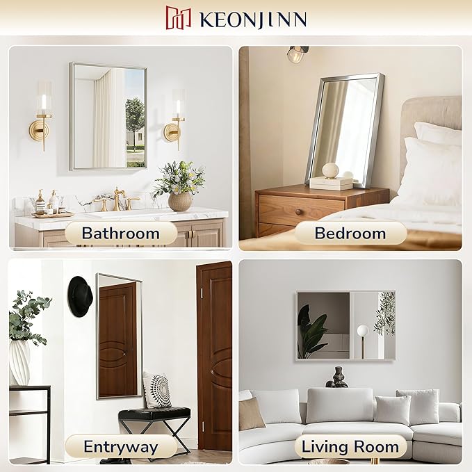 Keonjinn 30 x 36 Inch Brushed Nickel Bathroom Mirror, Beveled Rectangle Framed - Image 7