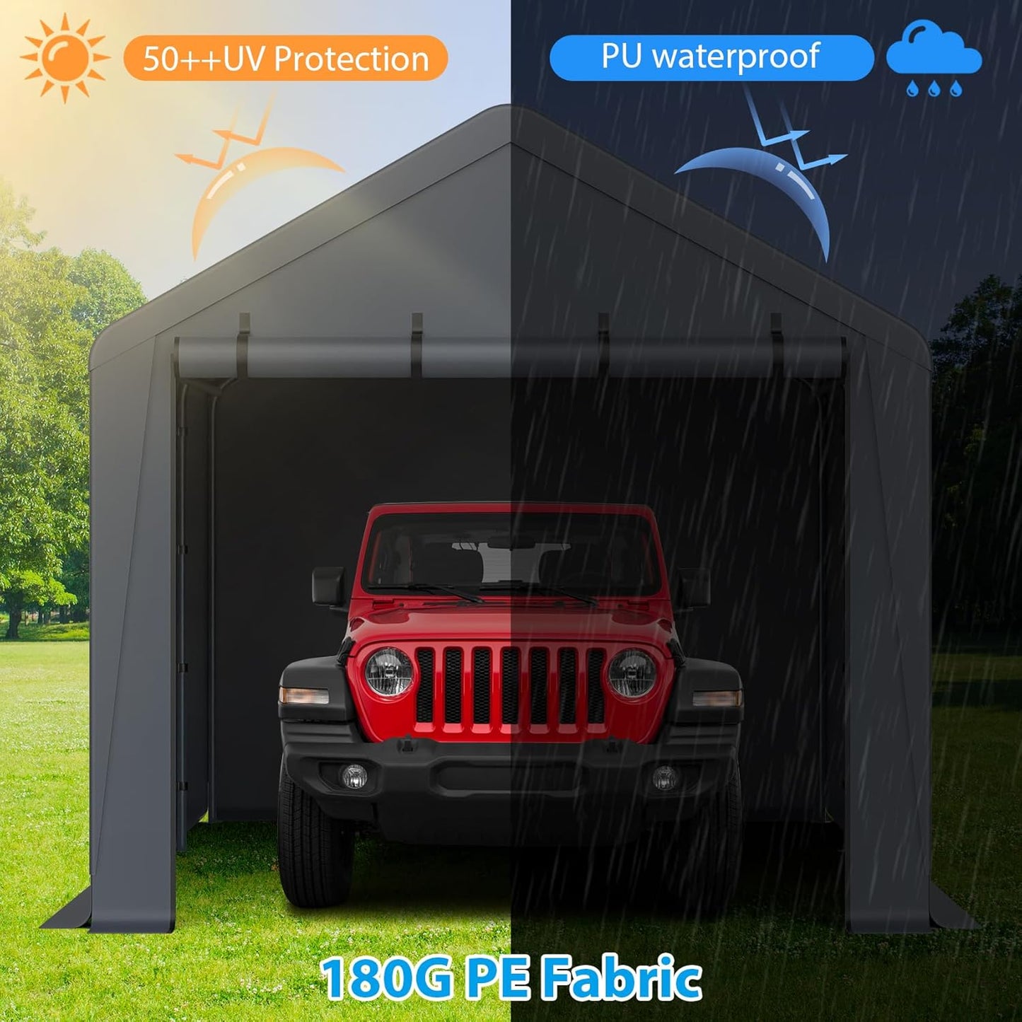 10x20FT Heavy Duty Portable Carport - All-Weather Enclosed Shelter for Cars, Trucks, SUVs & Boats, Waterproof & UV-Resistant Canopy with Removable Sidewalls, Doors, Ground Stakes (Gray)