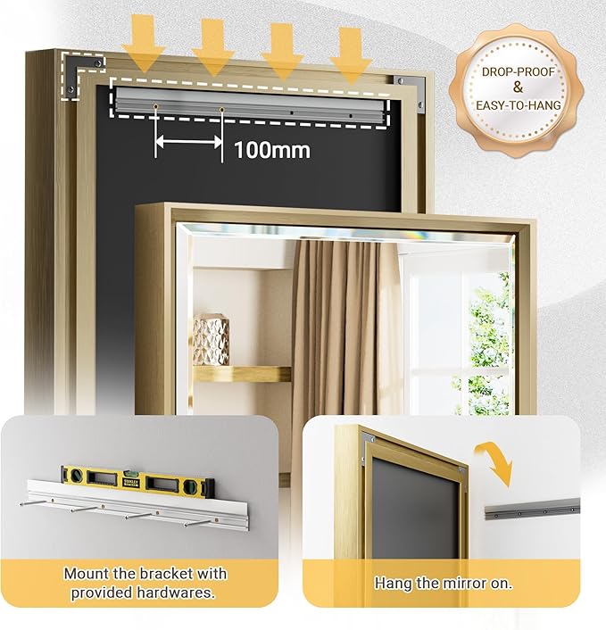 Gold Bathroom Mirror, 30x36 Brushed Gold Bathroom Mirror Beveled Edge, - Image 5