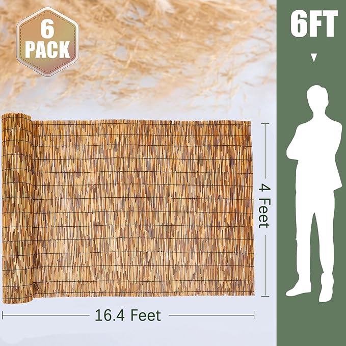 Barydat 6 Pcs 4 x 16.4 ft Reed Fence Roll, 85% Shade Bamboo Privacy Screen - Image 2