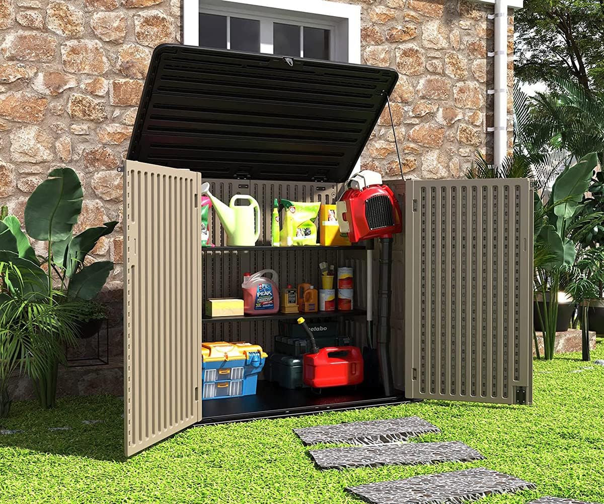 HOMSPARK Storage Shed Weather Resistance, Multi-Purpose Outdoor Storage Cabinet for Backyards and Patios, Horizontal Storage Shed for Lawnmower, Patio Accessories (Coffee, X Large - 48 cu.ft)