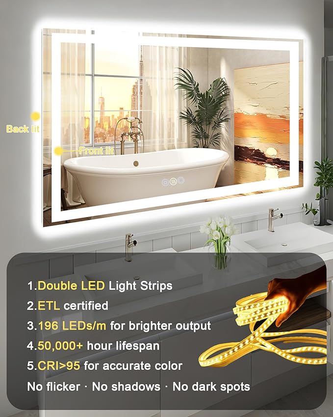 55x36 LED Bathroom Mirror with Lights, Super Bright Front & Backlit Vanity - Image 8