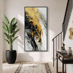Large Framed Black and White Gold Abstract Wall Art, Modern Vertical Canvas - Image 2